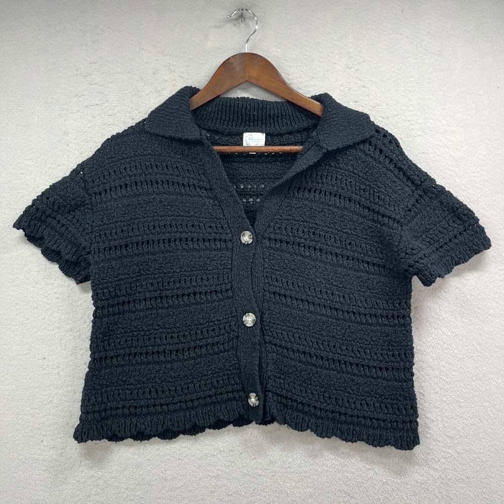 Blue Rain Francescas Cardigan Sweater Womens M Black Open Knit Crop Button Boho
